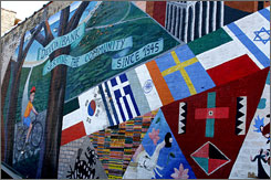 A mural depicting Devon Bank by the parking lot of its Chicago location. The bank has made mortgages compliant with Islam's sharia law in 36 U.S. states.